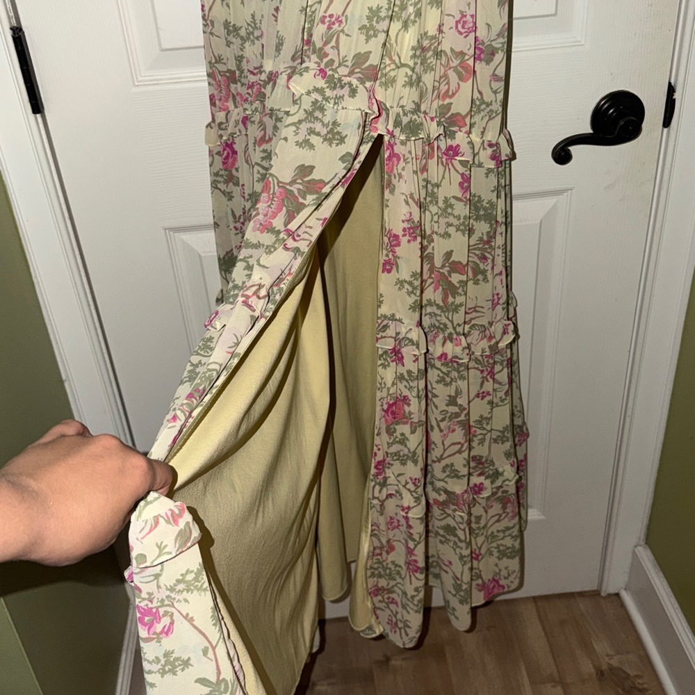 BHLDN Floral Chiffon Strapless Ruched Tiered A-Line Midi Dress - Picture 6 of 9